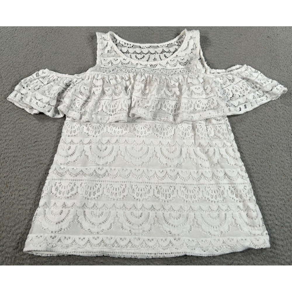 Lilly Pulitzer Lyra‎ Blouse Women Medium White Crochet Lace Ruffle Cold Shoulder